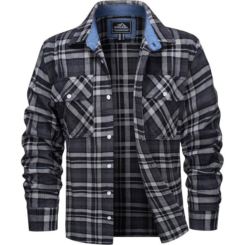 Outdoor Jacket Mens Plaid Flannel Shirt Long Sleeve Button Up Casual Outerwear M